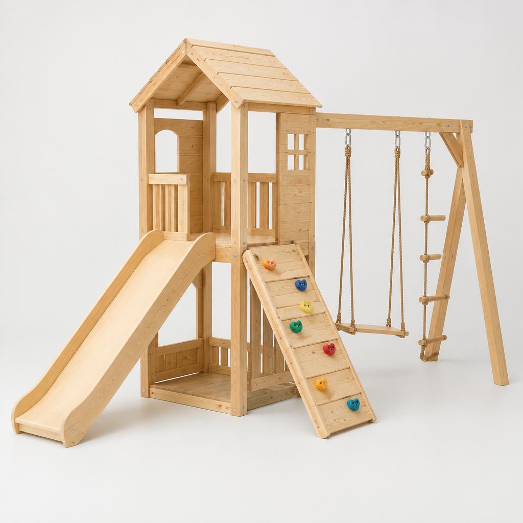 Wooden indoor climbing playset with a ladder and slide