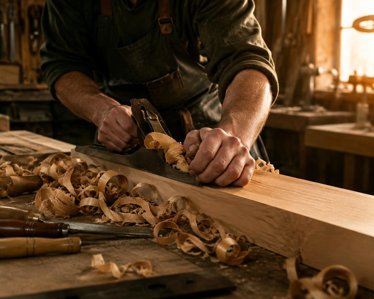 Woodworker shaping a wooden plank in the workshop